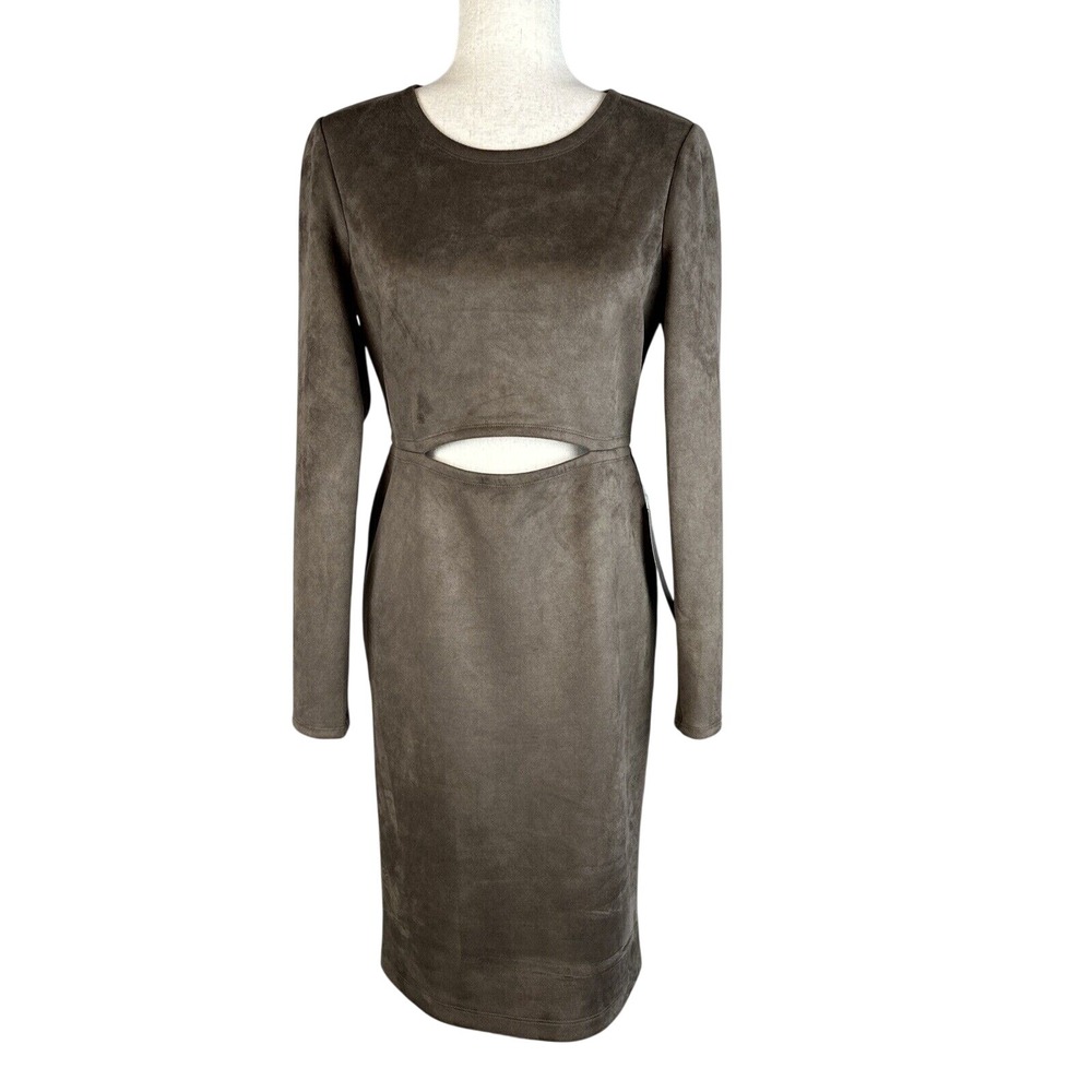 BCBGMAXAZRIA Whitley Cut Out Dress Size M Dark Fatigue Brown Faux Suede NWT